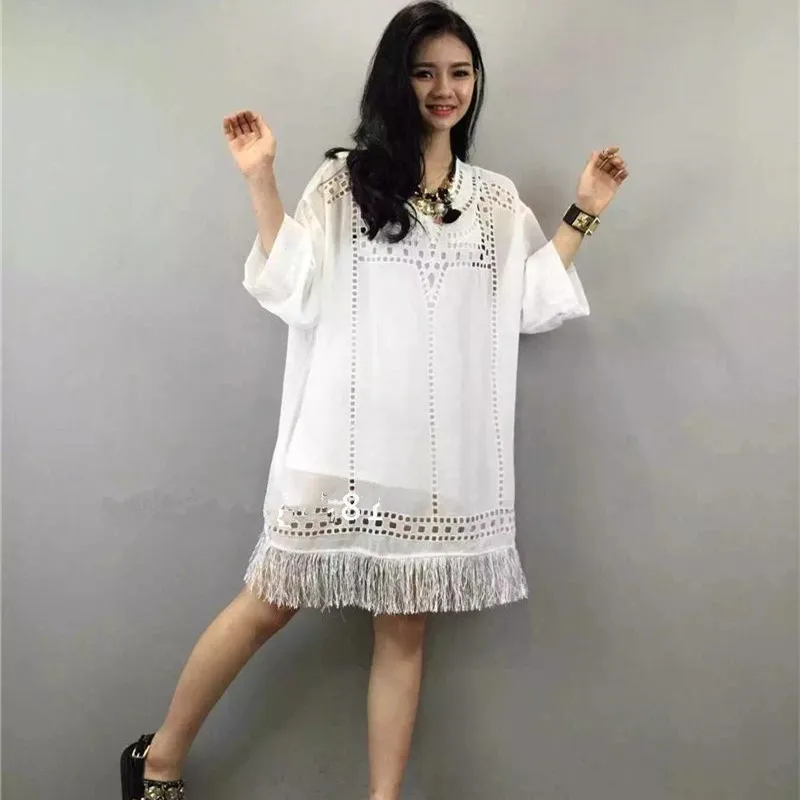 

Summer style 2019 Vestidos Hollow Fringed dress Fashion Casual Loose Chiffon dress / Embroidered White Summer dress Women