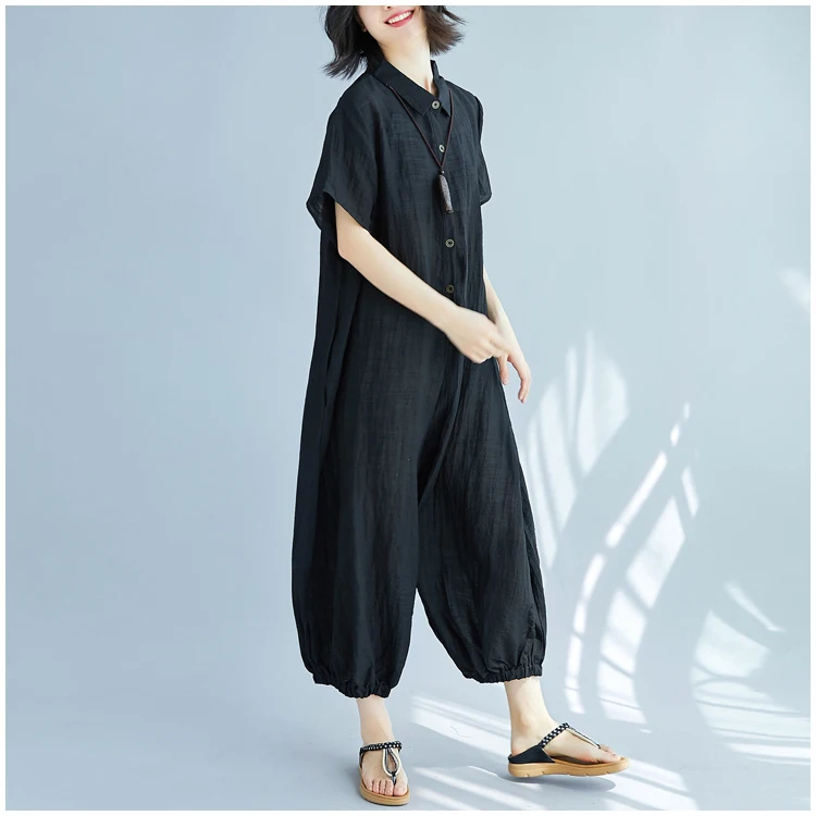 

2019 Summer Women Short Sleeve Pockets Wide Leg Romper Solid Color Overalls Casual Loose Black Jumpsuit Trousers