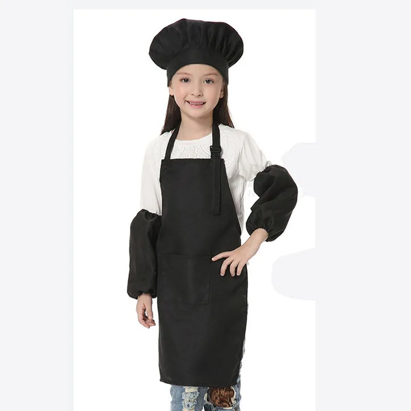 Детский фартук дети с длинными рукавами шляпа детский сад Кухня выпечки Картина Пособия по кулинарии Напитки Еда Enfant Tablier Delantal логотип печати 12 видов цветов - Color: Black