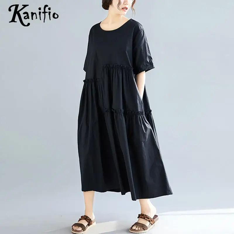 

Kanifio Plus Size Women Apparel Casual Loose Dress Black Ladies Summer 2019 Short Sleeve Long Maxi Dresses Female Vestidios 3XL