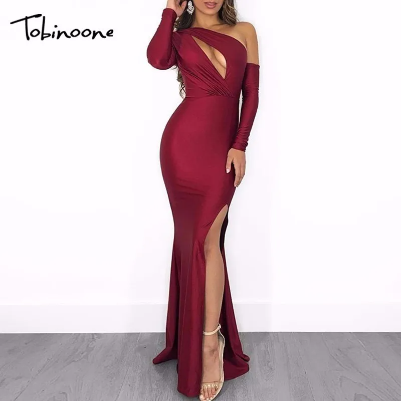 

Tobinoone Autumn One Shoulder High Split Sexy Dress Elegant Vintage Red Bodycon Dress Women Plus Size Winter Party Long Dresses