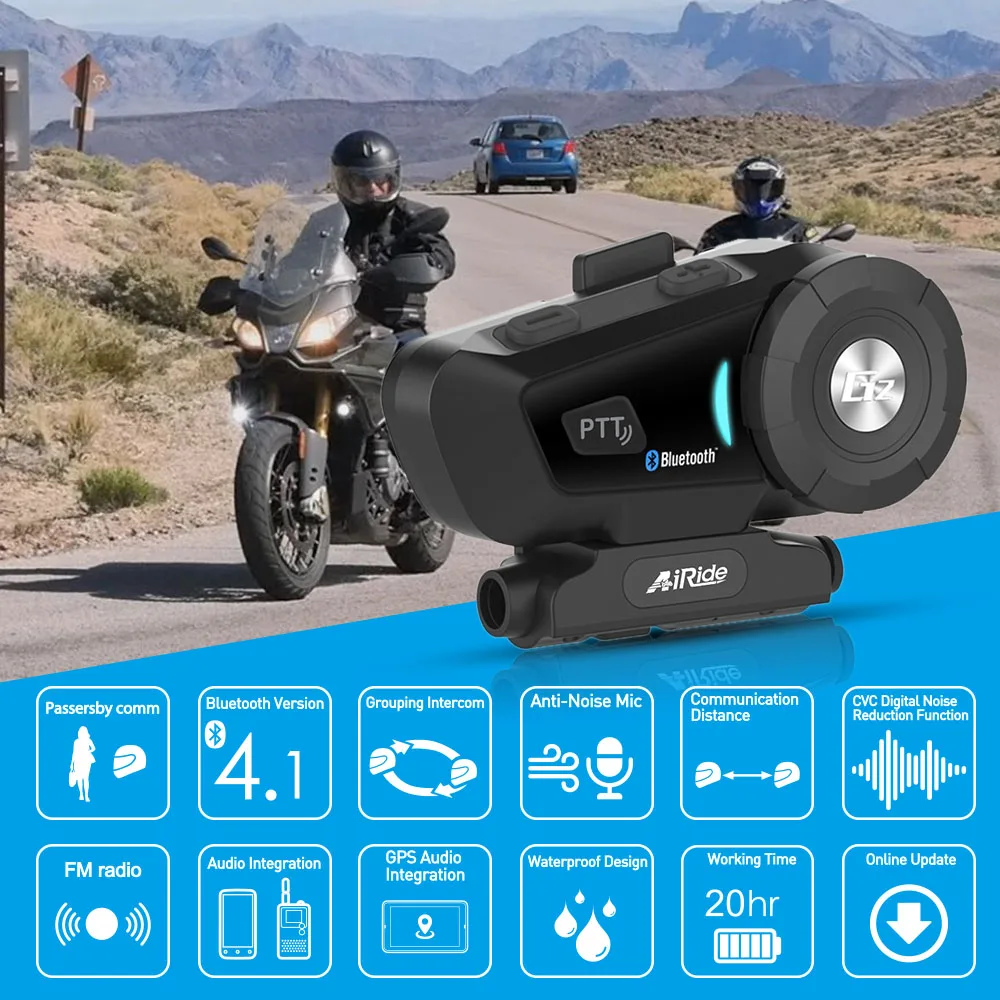 

AiRide G2 Motorcycle Bluetooth Intercom Moto Helmet Headset Waterproof Wireless BT Interphone 500M Intercomunicador FM 800mAh