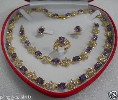 

Hot sale Free Shipping>>Mother's gift purple Crystal 18KGP Earring Bracelet Necklace Ring
