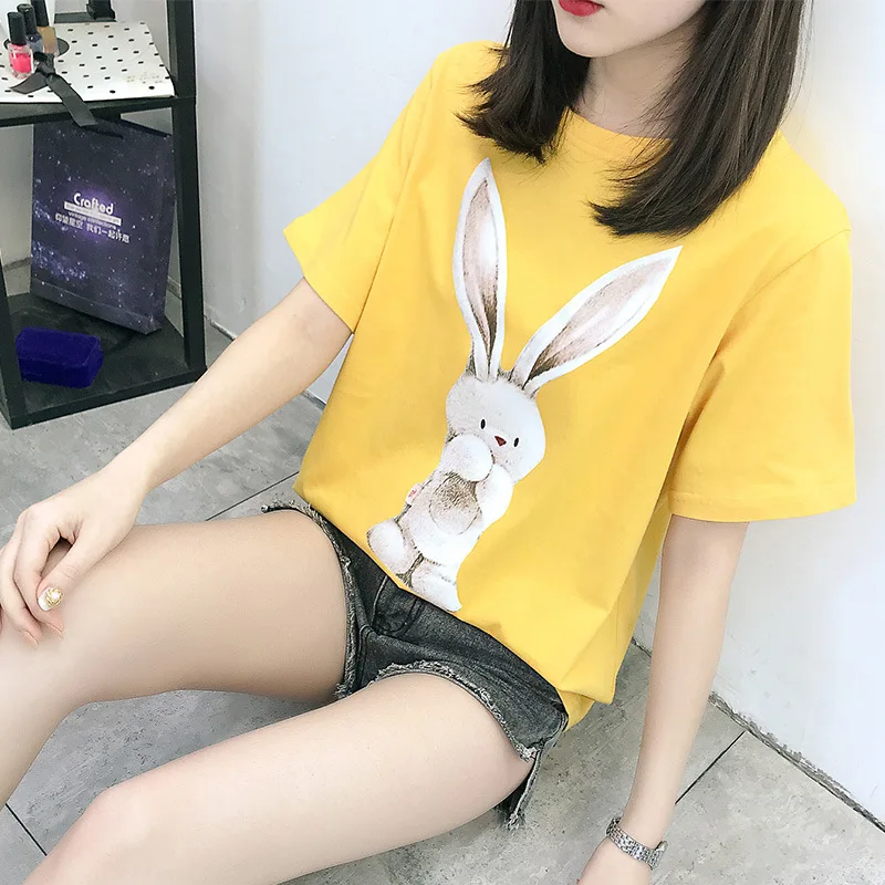 

Lovely Rabbit Print Women Summer Tshirts 2019 Female Short Sleeve Harajuku Shirt Femme Office Mom Tops Asian Size Graphic Tees