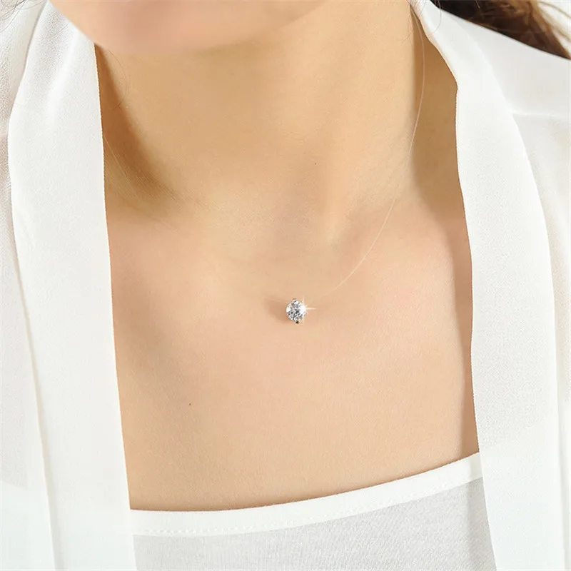 Трендовое ослепительное круглое циркониевое регулируемое ожерелье с подвеской невидимая прозрачная леска простое ожерелье ювелирные изделия для женщин