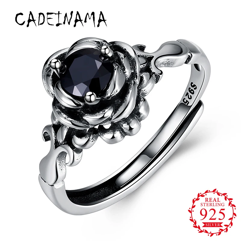 

CADEINAMA Fashion Black Stone Women Solid 925 Sterling Silver Ring Girls Resizable Ring Flower Fine Jewelry Vintage Office Gift