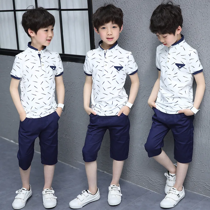 Детская одежда Летняя Одежда для мальчиков комплект короткий рукав модные Повседневное Twinset костюмы комплект одежды для мальчиков 120-160