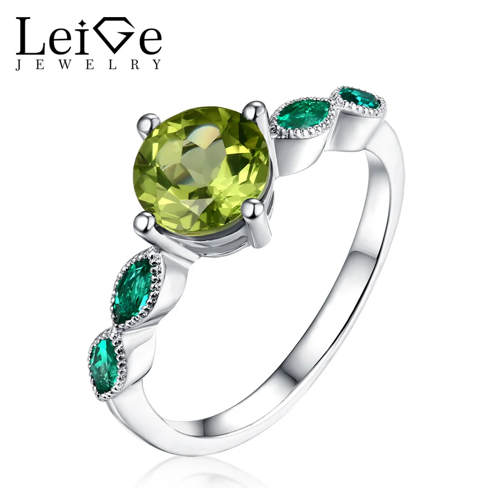 Leige Jewelry Genuine Peridot Rings with Emerald Natural Green