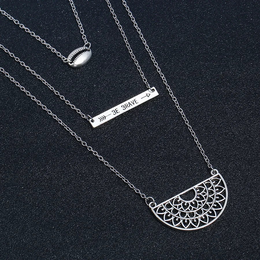 Vintage Charms Jewelry Three Layers Wax Rope Clavicle Chain Multilayer Compass Stars Feathers Leaves Pendant Necklaces For Women