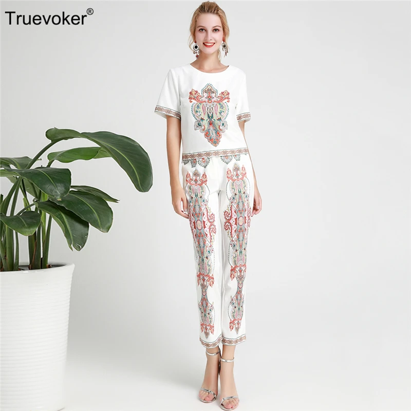 

Truevoker Summer Designer Two Piece Set Women's High Quality Abstract Totem Printed Beading Diamond Tee + Pant Suit Clothing Set