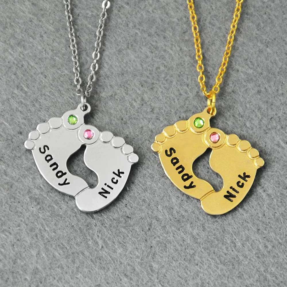 Customized Baby Feet Necklace, Birthstone Necklace, Personalized Names