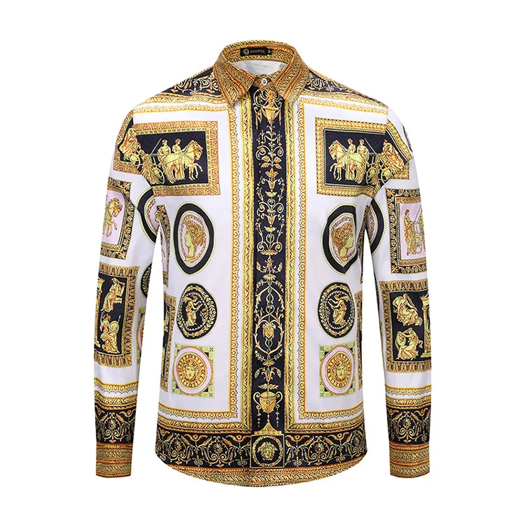

XIMIWUA Hot Sale Fashion Men Shirt Casual Slim Fit Long Sleeve High Quality Golden Pattern Print Chemise Homme