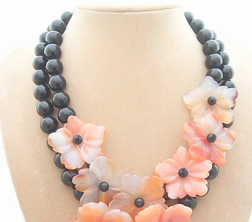 

HOT N578 Round Onyx&Carnelian Flower Necklace