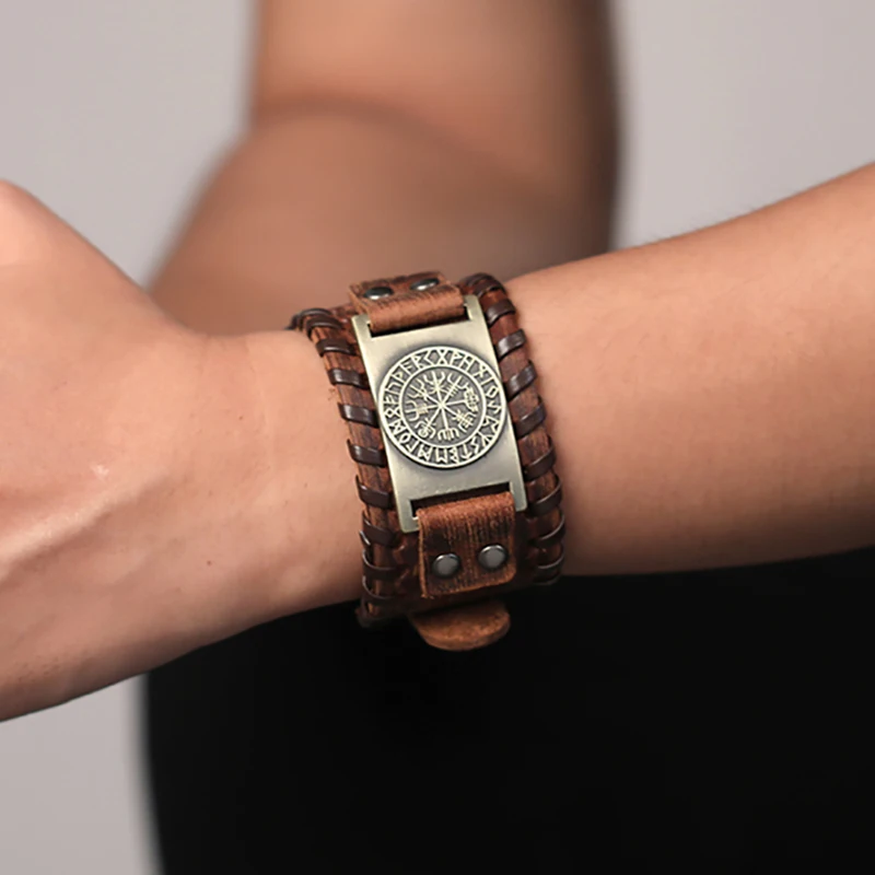 Teamer الشمال فايكنغ رون Vegvisir البوصلة سحر الإسورة أساور جلدية حقيقية الرجال خمر العتيقة الفضة واسعة جديلة سوار