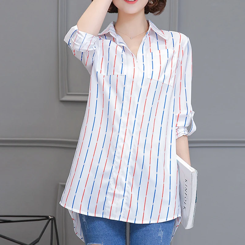 

4xl Long Tunic Fashion Shirt Women Blouse 2019 Autumn White Striped Loose Ladies Shirt Casual Plus Size Tunic Tops Camisas Mujer