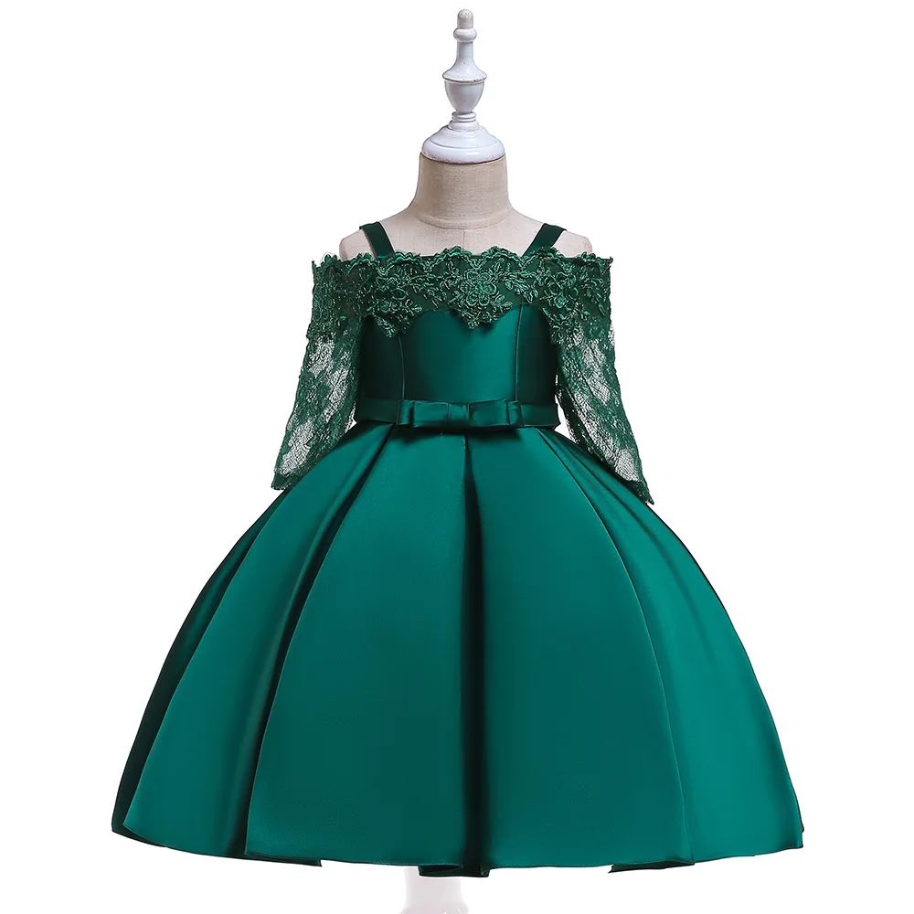 

2019 New Lovely Satin Long Sleeves Green flowers Flower Girls' Dresses Girl's Pageant Dresses Birthday Dress