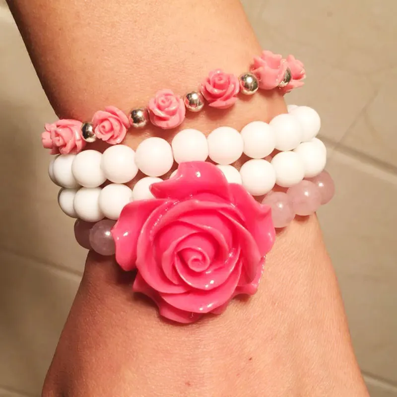 

Boho Women Jewelry Pink Stone White Matte Beads With Pink Coral Rose Charm Woven Bracelet Set