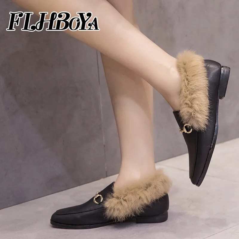 

New Women Black Square Low Heels Warm fur Plush Slip on Flat shoes Lady Winter Nubuck Leather Loafers Fur Slippers Casual Slides