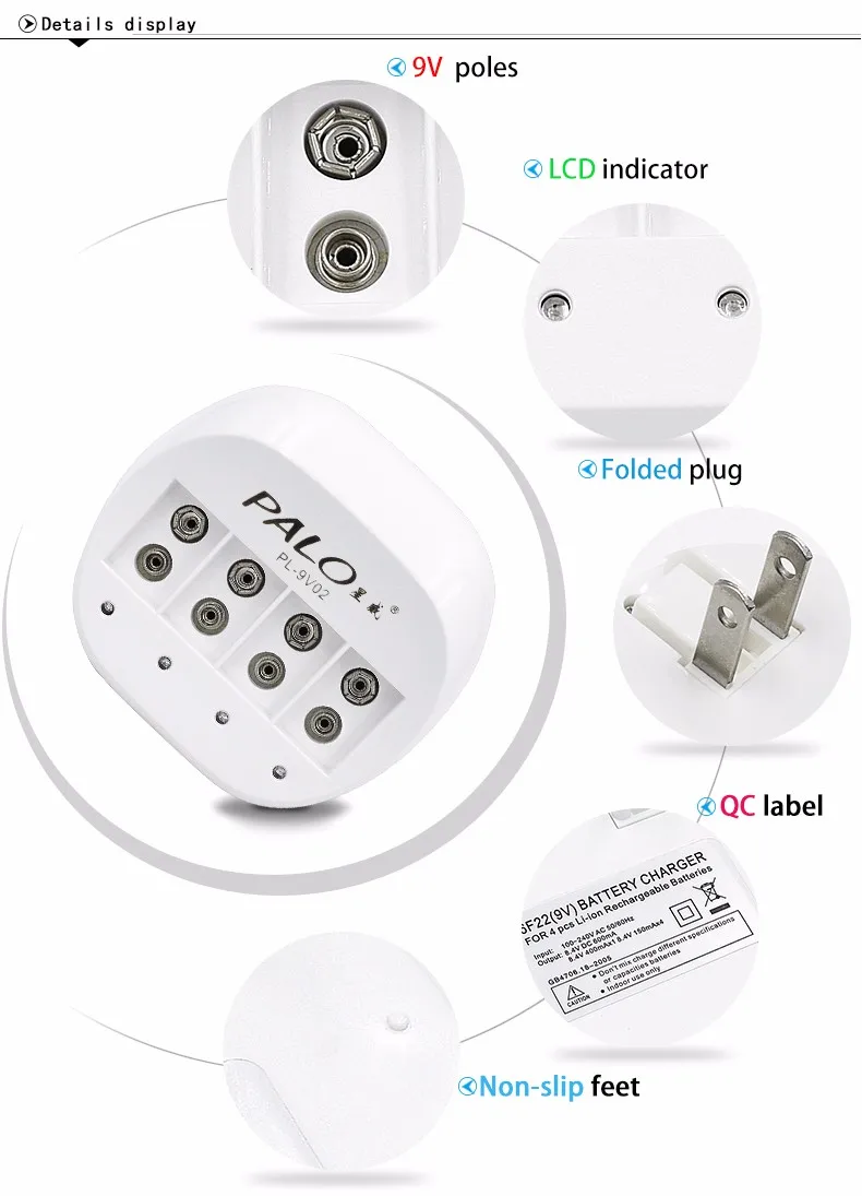 Palo 9 V зарядное устройство для аккумуляторов 6F22 9 V литий-ионный аккумулятор+ 4 шт 9 V 600 mAh литий-ионные батареи