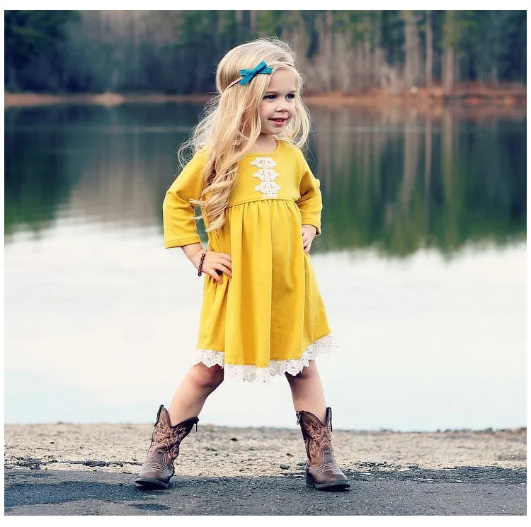 Mother nest 2018 Baby Long Sleeves Yellow Girls Dress Autumn Children Clothing Lace Cotton Toddler Dresses For Party Birthdays (7)