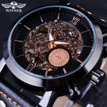 

Winner Black Bezel Fashion Clouds Hollow Skeleton Watch Genuine Leather Strap Mechanical Automatic Mens Watch Top Brand Luxury