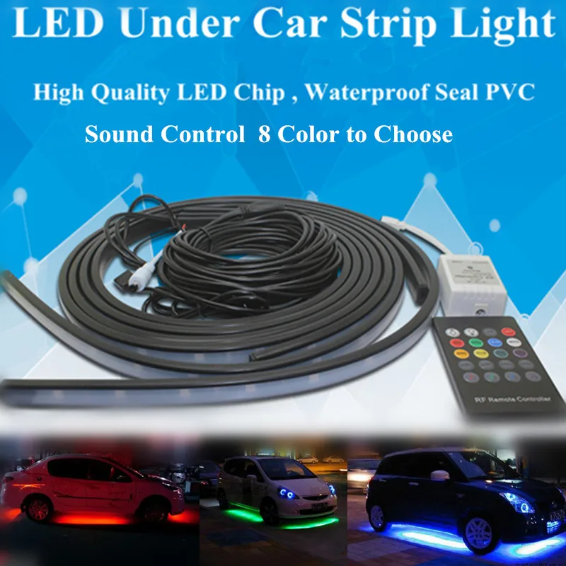 

OKEEN 2x Car Wireless Sound Control 5050 LED RGB Flash Strip Under Glow Under body System 8Color Light Kit Waterproof 90mm+120mm
