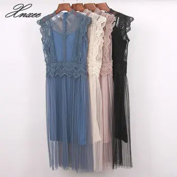 

New Summer Two Piece Spring Women Lace Dresses Vintage Palace Style Mesh Dress Long Party Dress Women's Clothing