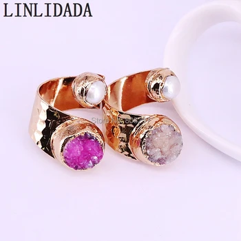 

5Pcs Nature Pearl & Drusy Quartz Stone Double Ring for Women Gold color Jewelry fashion Adjustable rings