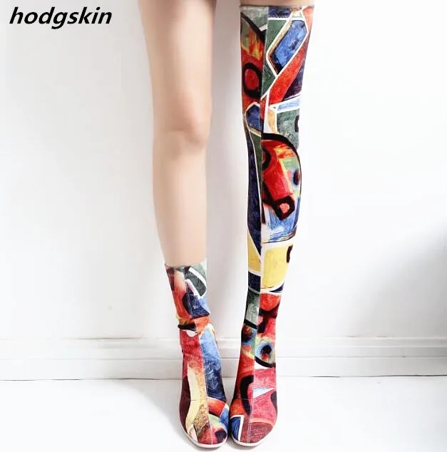 

2019 Over Knee High Mixed Color Stylish Stretch Fabric Women Boots Long Thigh High Clear Chunky Heels Chic Sock Shoes Woman