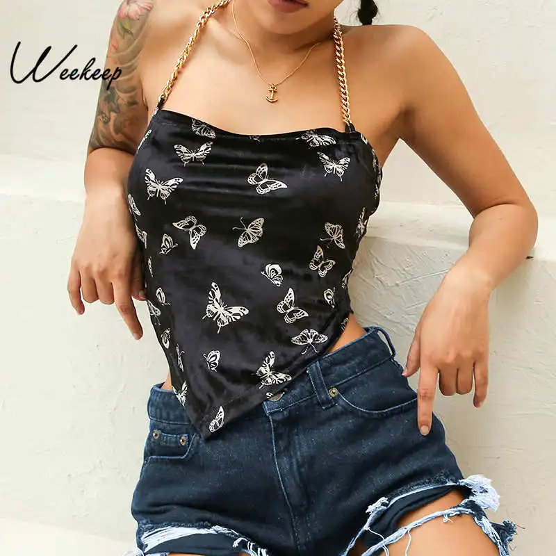 

Weekeep Women Black Velvet Halter Tank Top Backless Print Cropped Patchwork Tank Tops Sexy Streetwear Backless Crop Top