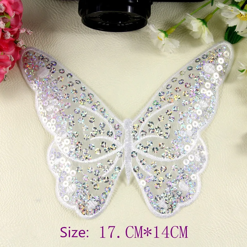 

Embroidered iron on patches for clothes white butterfly sequins deal with it clothing DIY Motif Applique Free shipping