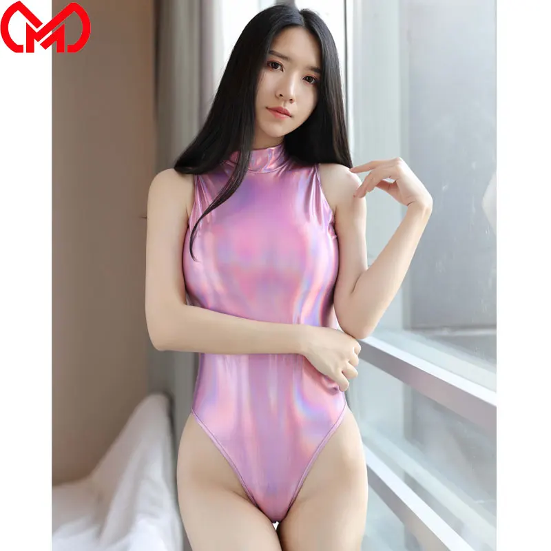 Cosplay High Neck Halter Bodysuit PU Faux Leather Shiny High Cut Swimsuit Bathing Suits Leotard Tight Shaping Wear Plus Size F29