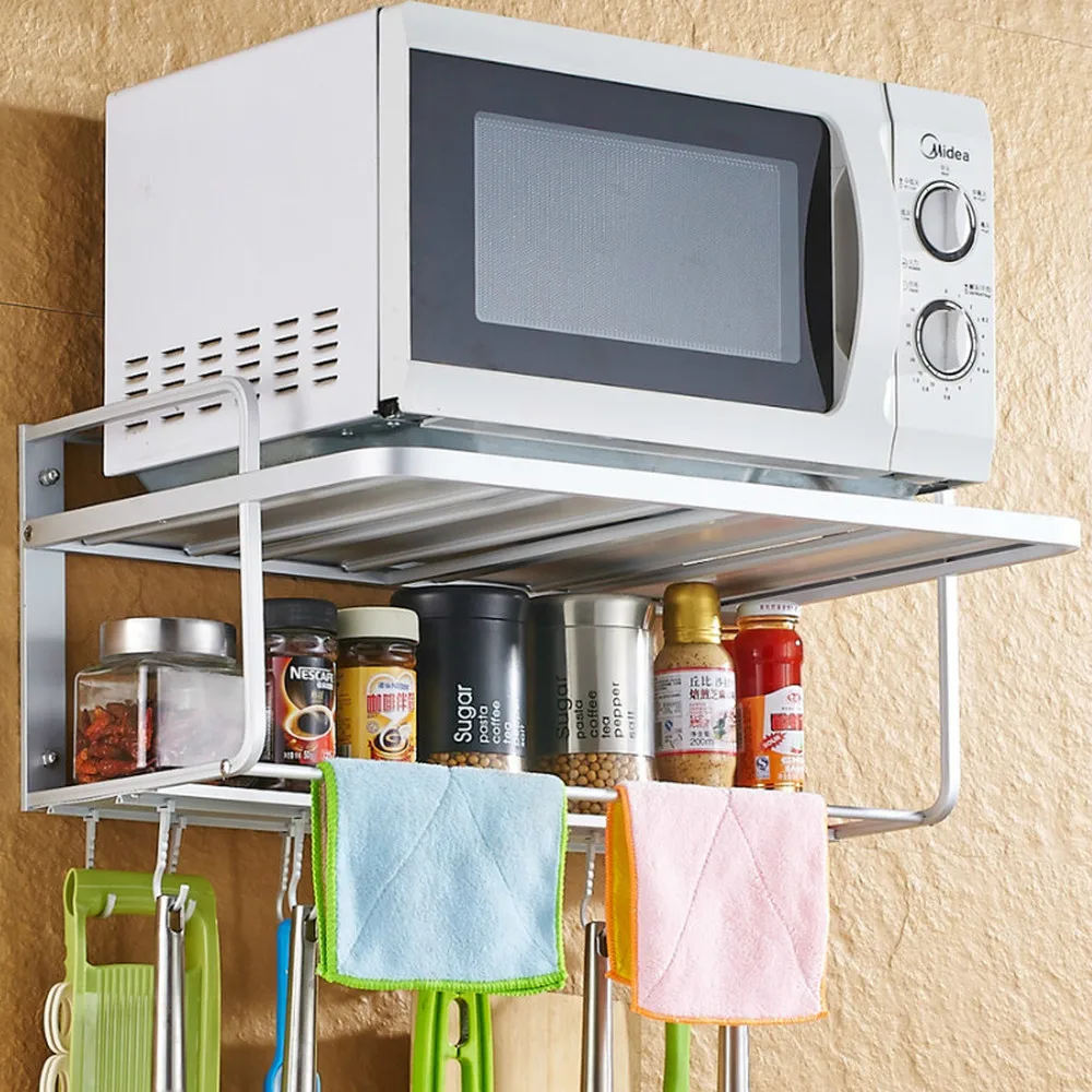  Space aluminum wall-mounted kitchen microwave storage rack 2 layer oven bracket provincial space su - 33030578673