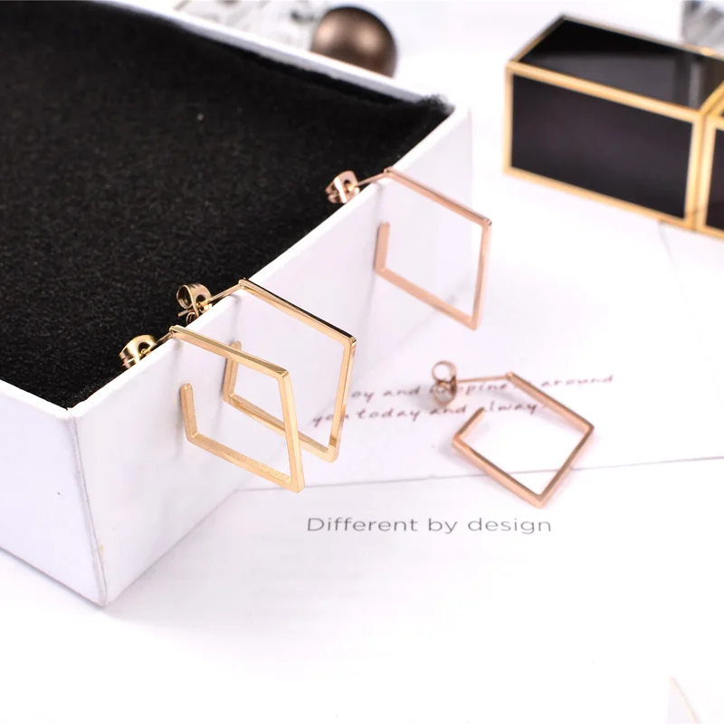 

YUN RUO 2018 Elegant Square Korea Earring Woman Rose Gold Color Titanium Steel Jewelry Girl Gift Party Never Fade Free Shipping