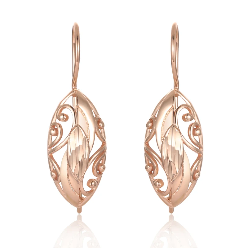 

FJ Women Oval Round Earrings 585 Rose Gold Color Engraving Flowers Drop Earrings Jewelry