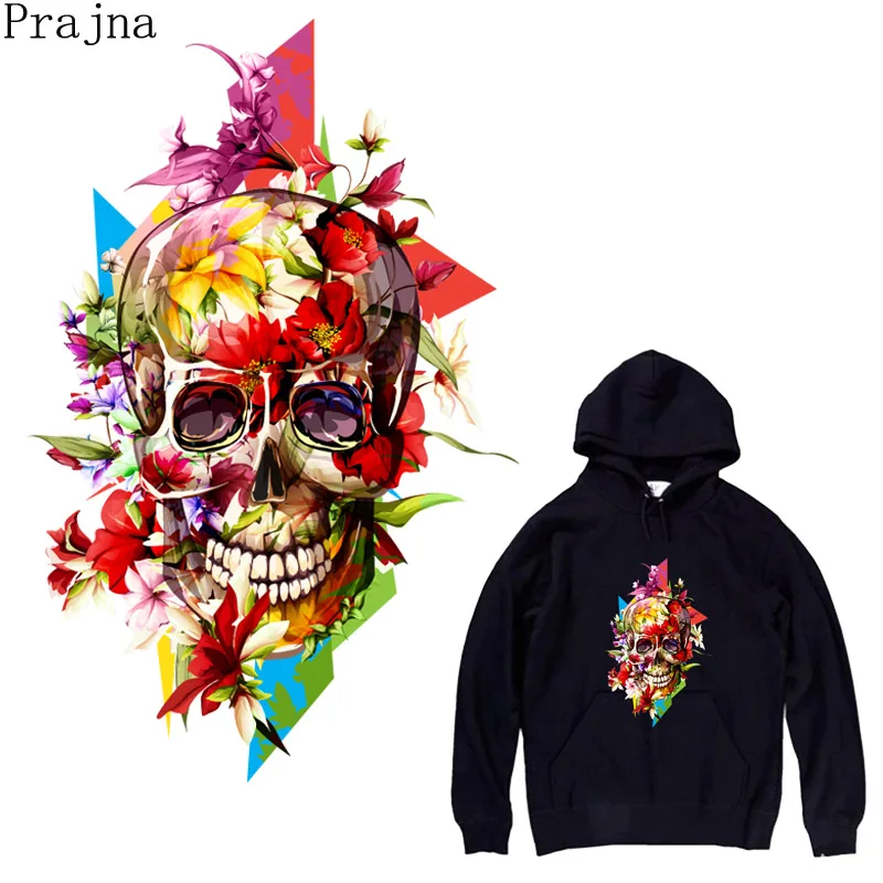 

Prajna Skull Iron On Transfer Heat Transfer Vinyl Patches For Clothes Thermal Stickers DIY Flower Patch Printed Applique Badges