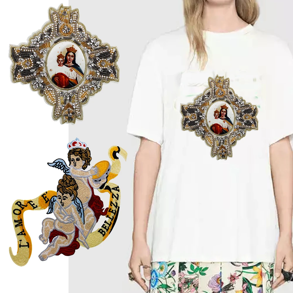 

1PC Exquisite Embroidery Angel Applique Badge Bead Mary Queen Pattern Patches Rhinestone Motif Handmade Sewing for Clothing Bag