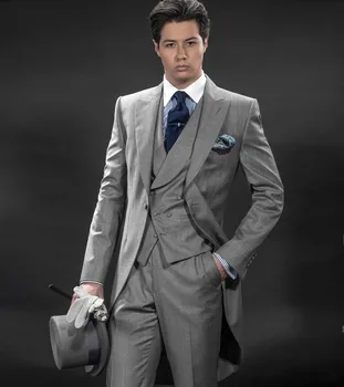 

Morning Style One Button Light Grey Groom Tuxedos Groomsmen Men's Wedding Prom Suits Bridegroom (Jacket+Pants+Vest+Tie) K:592