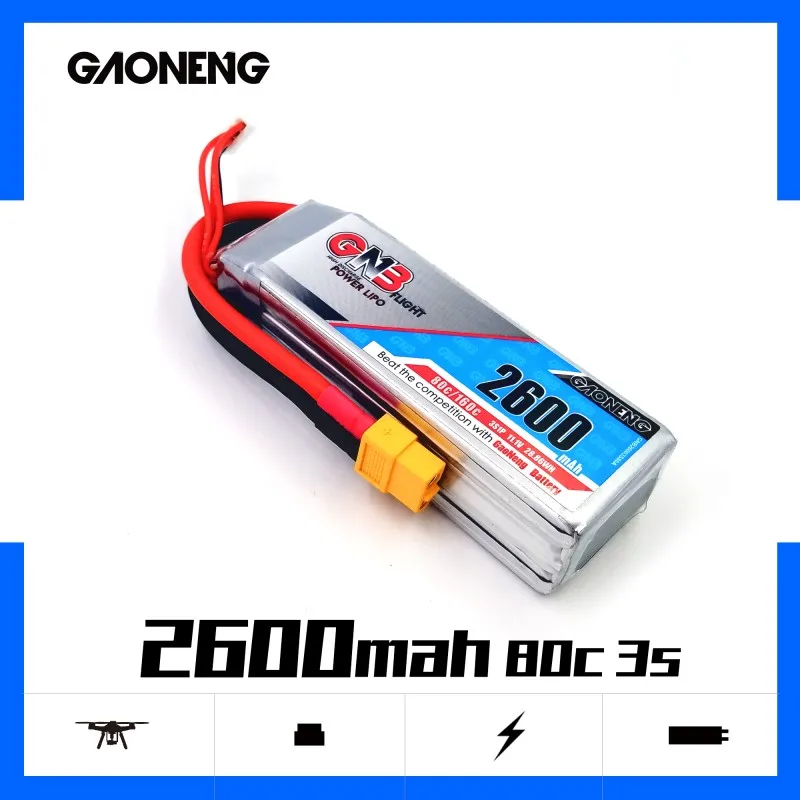 

Gaoneng GNB 2600mAh 3S 11.1V 80C/160C Lipo Battery with XT60 Plug For RC Helicopter Quadcopter RC FPV Racing Drone parts