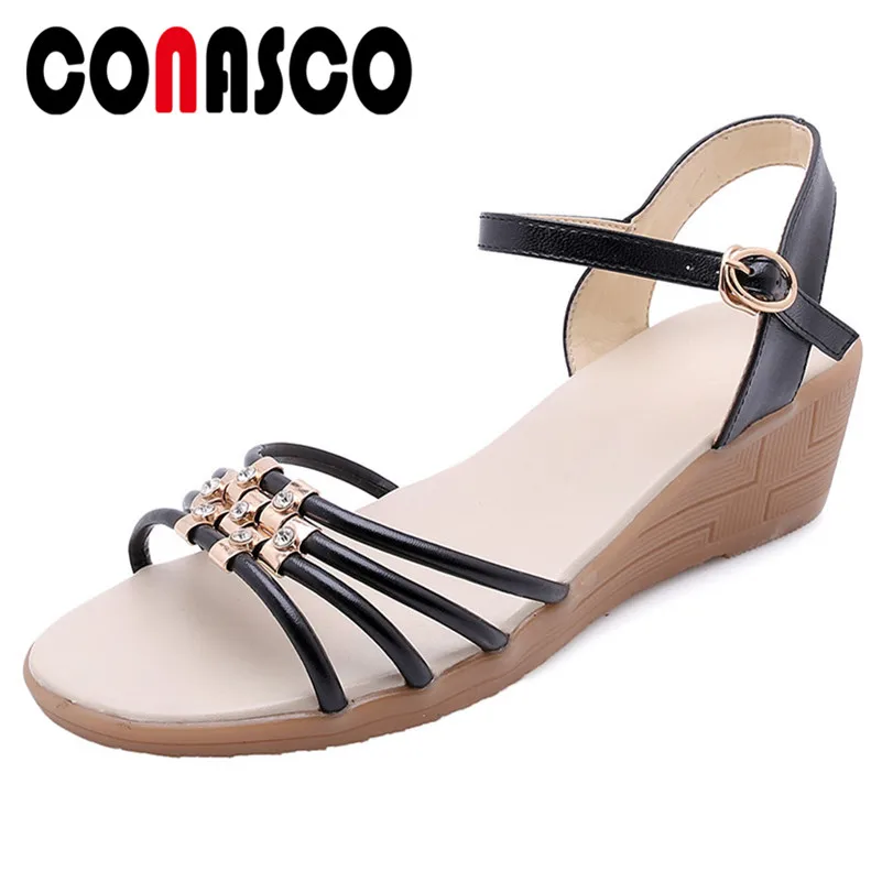 

CONASCO Genuine Leather Wedge Sandals Women Casual Shoes Metal Decoration Buckle Office Lady Working Summer Sandals Shoes Woman
