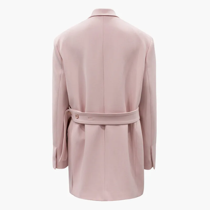 Осень розовый Свободный Длинный блейзер Для женщин сзади пояса с боковыми разрезами костюм женский с длинным рукавом Повседневное пальто