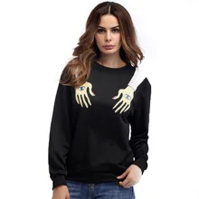 Black Loose Women Sweatshirt Unisex Round Neck Special Hands Printed Cotton hoodies 2017 Autumn Funny Sweatshirt Tops Pullovers