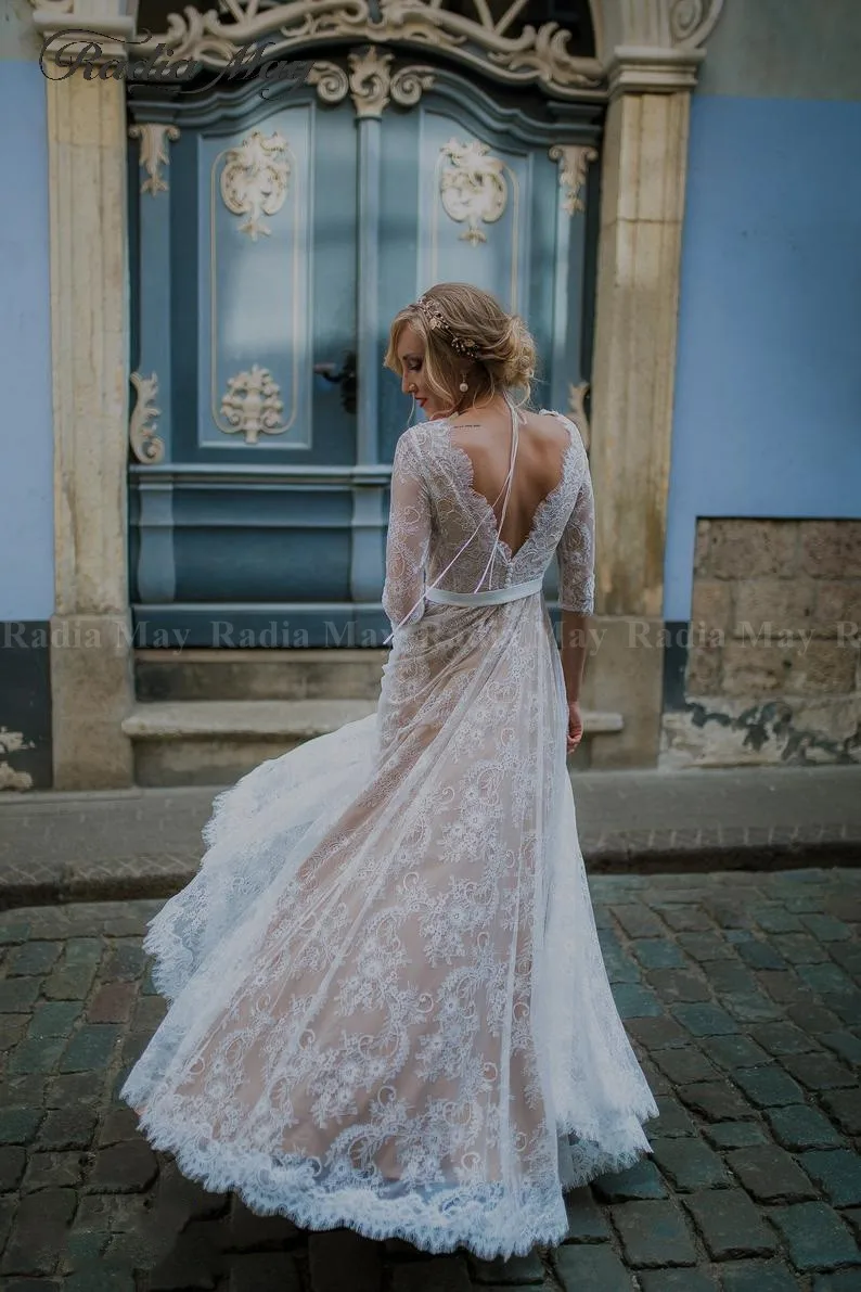 Винтажное кружевное свадебное платье цвета шампанского с открытой спиной, Пляжное, бохо, с рукавами, прозрачное, размера плюс, стиль хиппи, кантри, свадебные платья для невесты