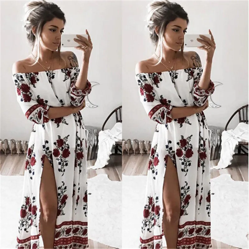 

Women Sexy Off-shoulder Dresses Half Sleeve Floral Printing Maxi Boho Long Dress Beach Cocktail Party Dress Women's Long Dresses