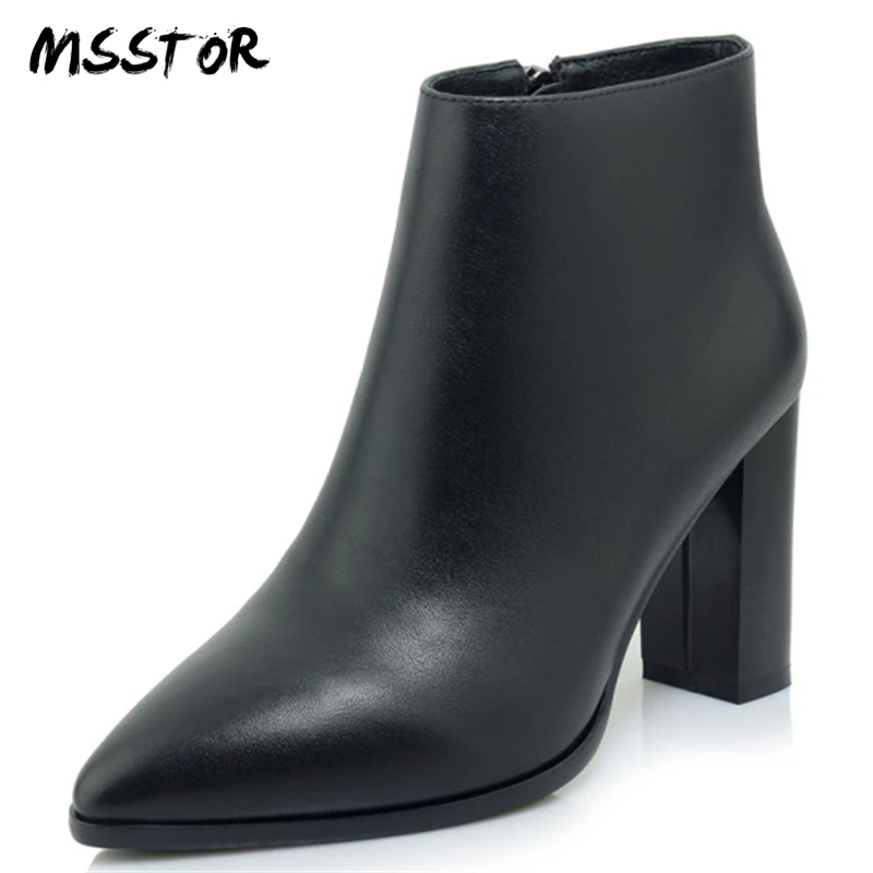 

MSSTOR Concise Black Winter Boots Square Heel High Quality Fashion Zipper Pumps Shoes Women Pointed Toe Ankle Boots For Women