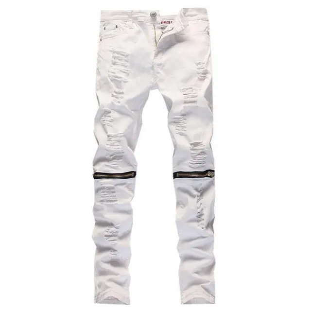 Men Active Hole Jeans Brand White Biker Fashion Zipper Design Pencil ...