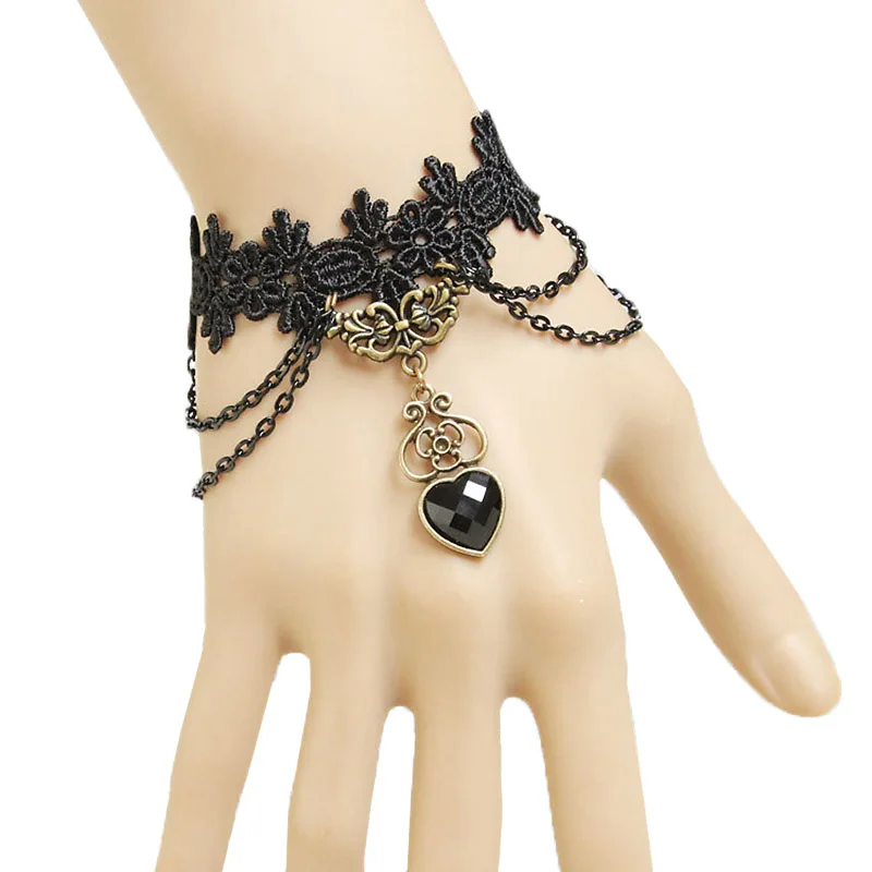 

Womens New Lolita Gothic Handmade Bronze Metal Stone Heart Flower Layer Chain Drop Black Lace Bracelet Vintage Retro Accessories
