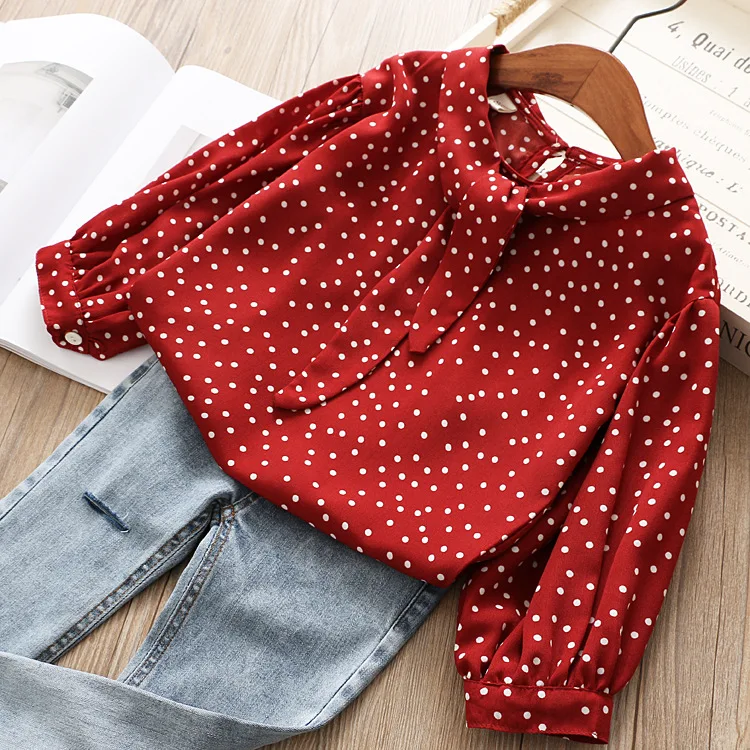 Camisas para Bebê Meninas Chiffon Camisa Blusa Vinho Vermelho Dot Manga Longa Primavera Menina Básico Roupas 2020 Crianças Bonito Topos 4 manga longa primavera camisas para bebê menina