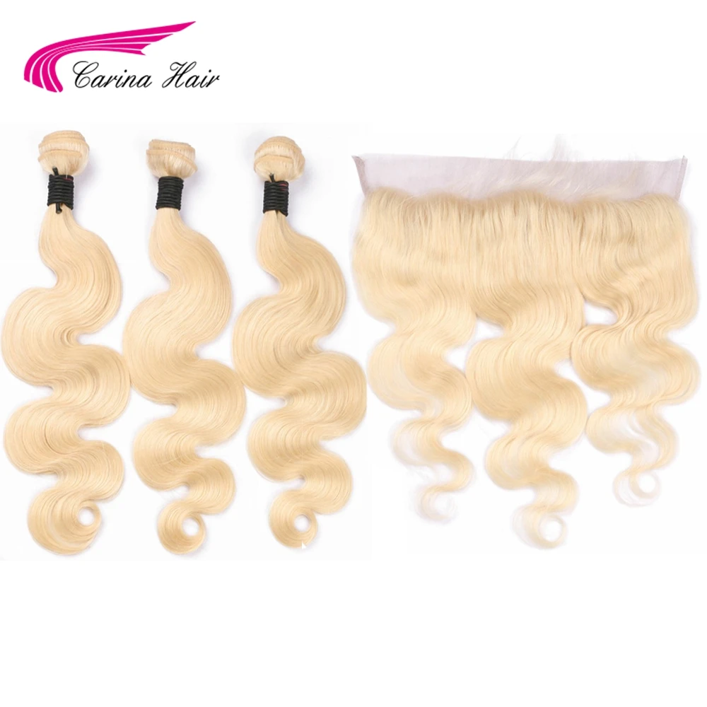 Carina Remy Hair Blonde Color Hair Wefts 3 Bundle with 13*4 Ear to Ear Lace Frontal Closure Brazilian Human Hair Blonde 613 Hair brazilian-body-wave-closure