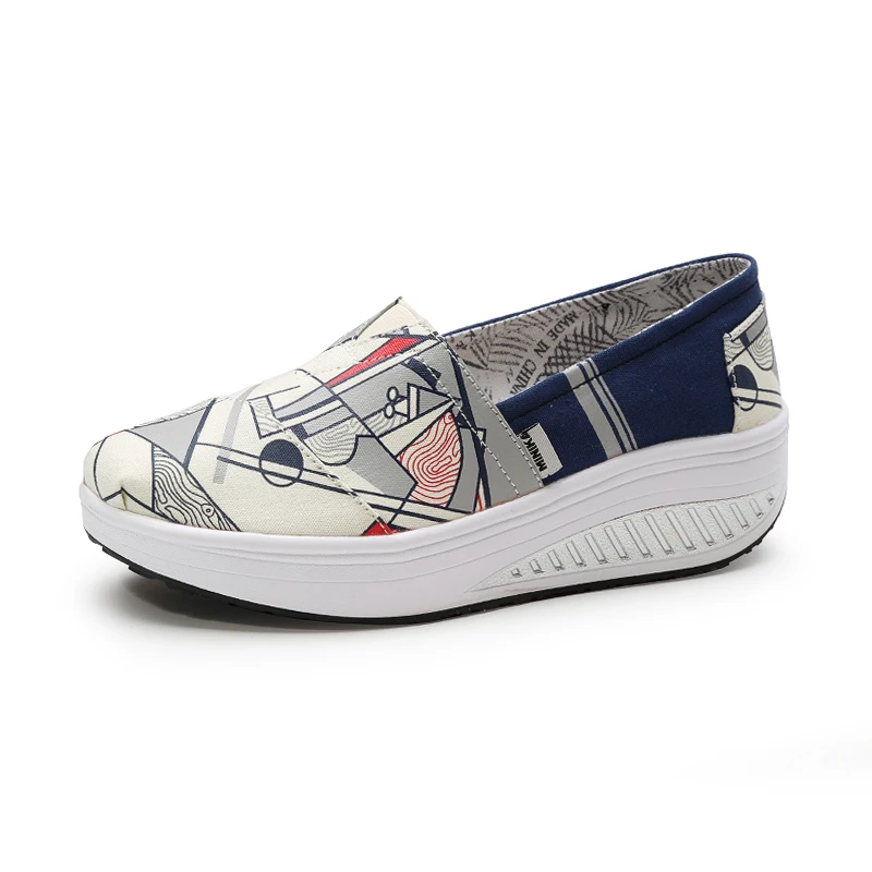 

Women Girls Canvas Platform Shoes Printing Slip On Swing Shoes Wedges Height Increasing Toning Walking Shoes